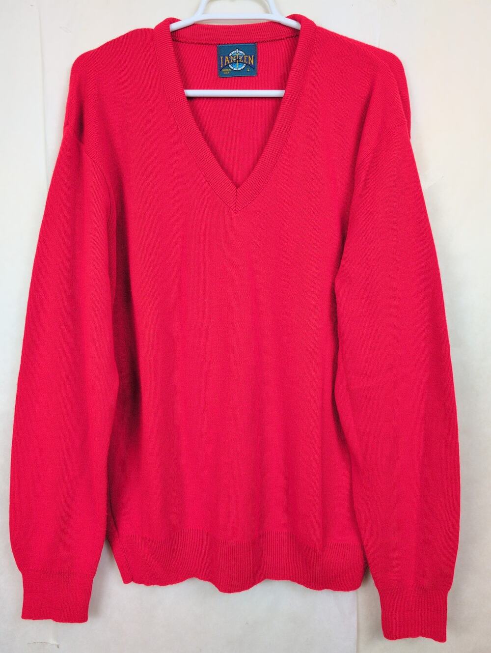 Vintage Jantzen red Vneck sweater Size L Made in USA 80s Retro Preppy Classic